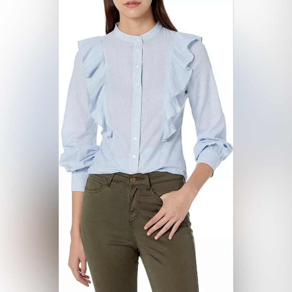 Cupcakes & Cashmere Striped Button Down Top Blue White Ruffled Size XS NWT